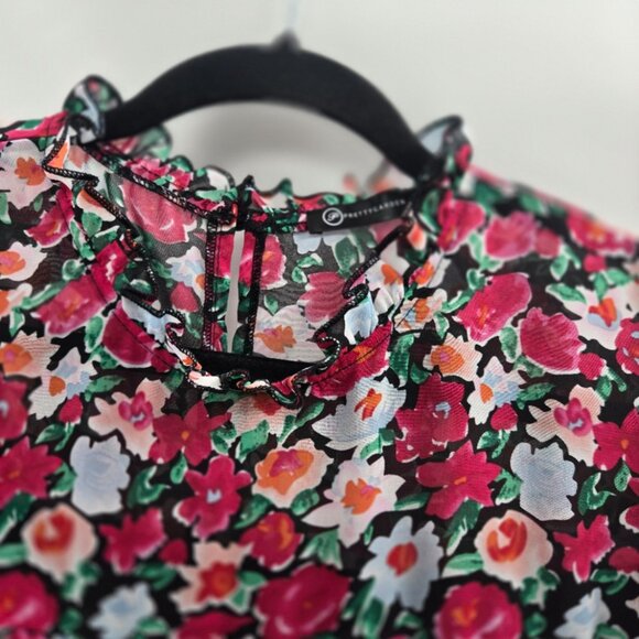 Pretty Garden Pink Floral High Neck Button Back Ruffled Short Sleeve Blouse L - Picture 4 of 10